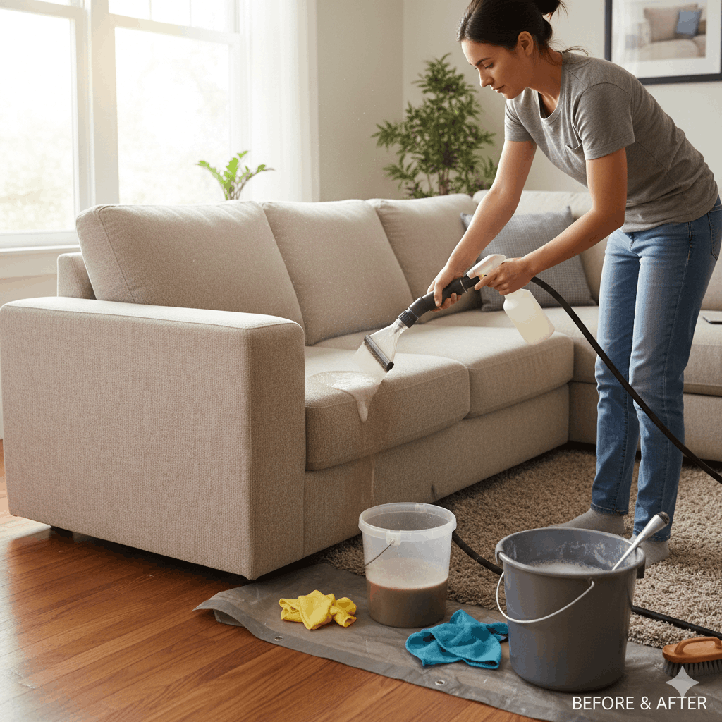 Frau beim Sofa putzen Sofa reinigen – Der komplette Guide für ein sauberes Wohnzimmer