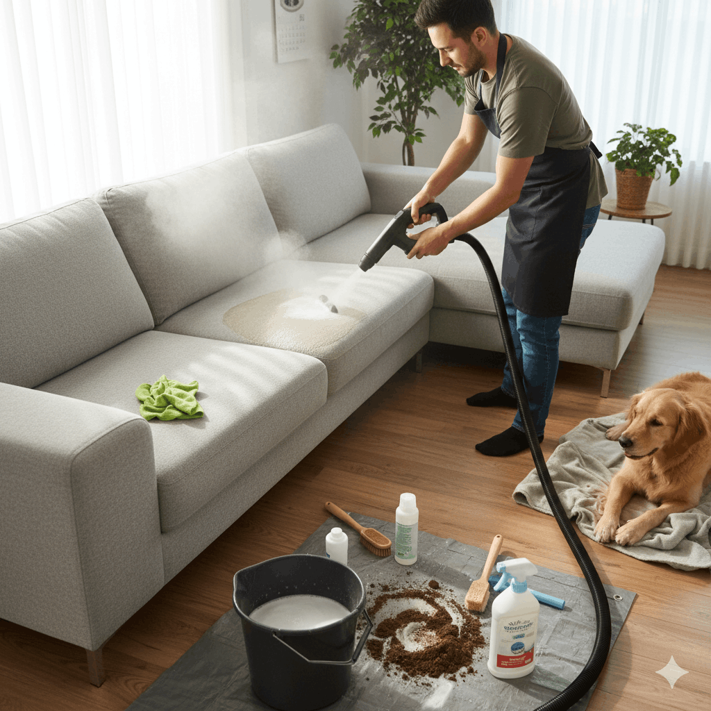 Mann reinigt Sofa Sofa reinigen – Der komplette Guide für ein sauberes Wohnzimmer