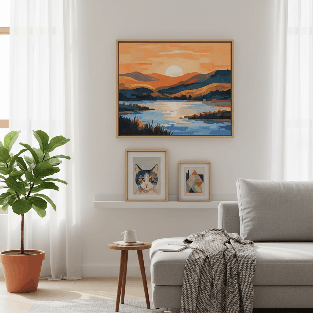 Eine Galeriewand mit gerahmten Malen-nach-Zahlen-Kunstwerken neben dekorativen Stickern und Mixed-Media-Elementen in einem hellen, modernen Zuhause