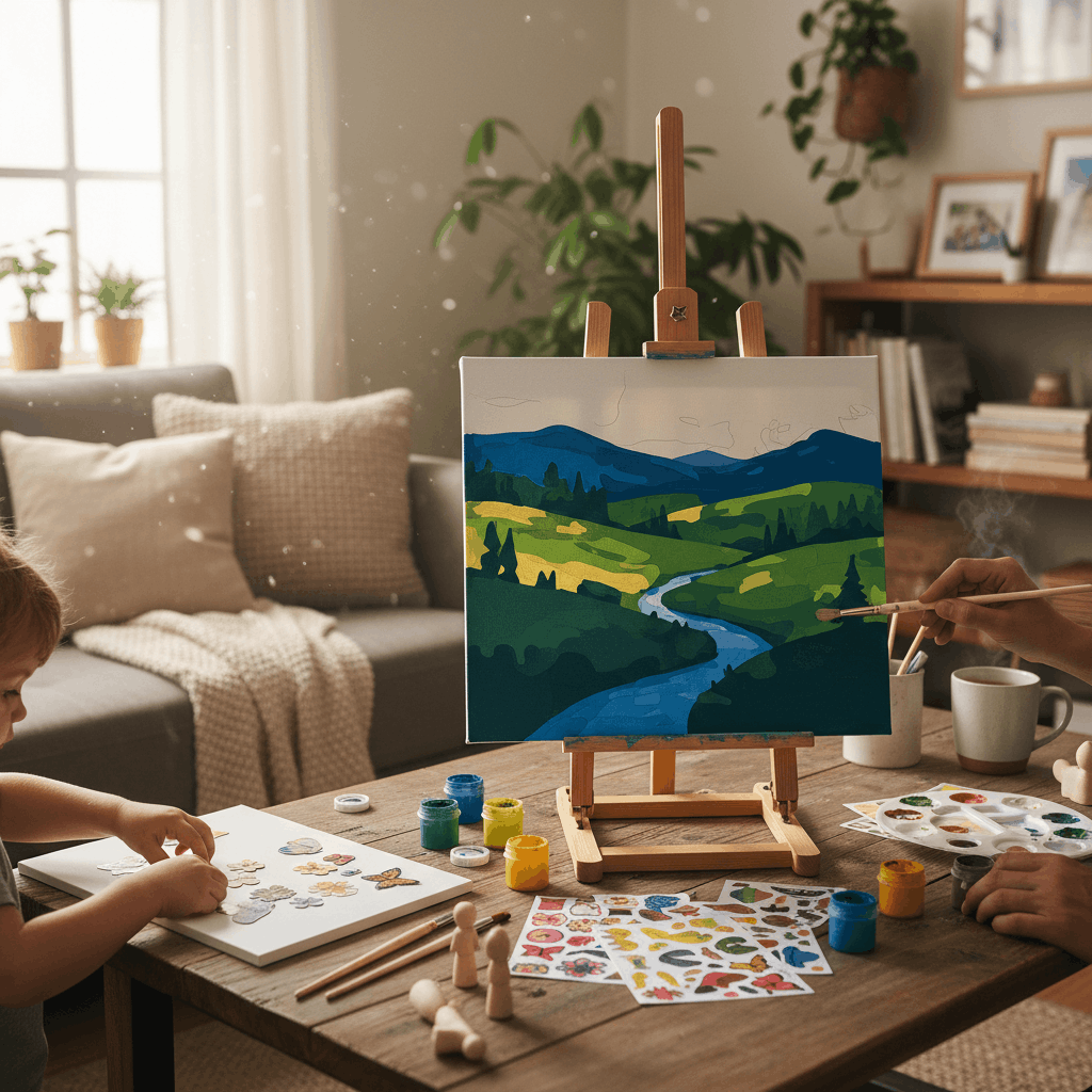 Ein gemütlicher Arbeitsbereich zu Hause mit einer Malen-nach-Zahlen-Leinwand auf einer Staffelei, umgeben von buntem Bastelmaterial