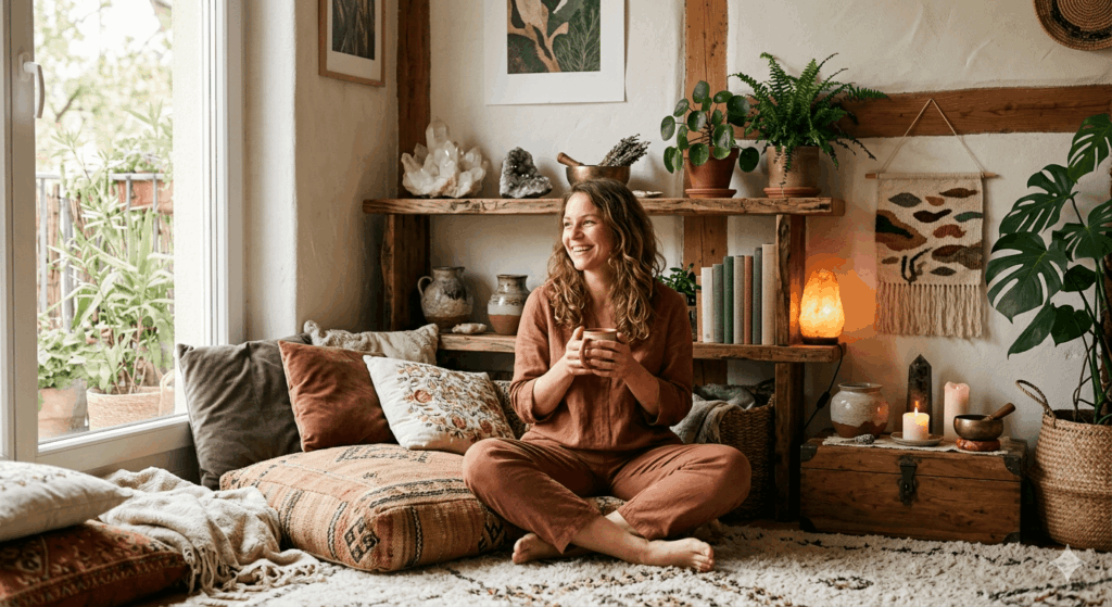 glueckliche Frau spirituelle Wohnungseinrichtung stickergalaxie.de Sidebar 1